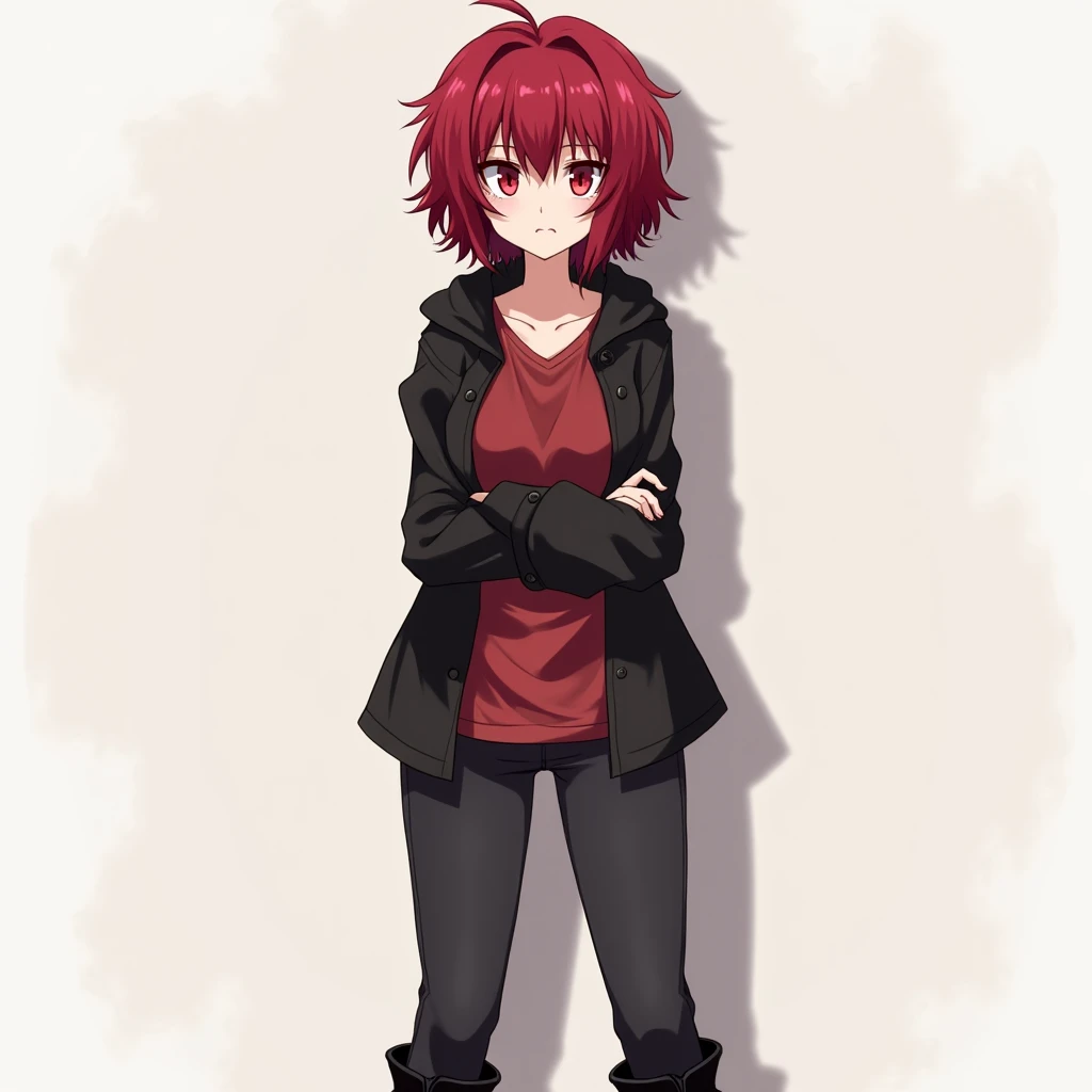 Create an image of a girl with short, bristled crimson red hair with two bangs on either side of her face,  of white skin,  ruby red eyes. With a black long-sleeved jacket and underneath a loose-fitting red shirt, with tight black jeans and sturdy black bo...