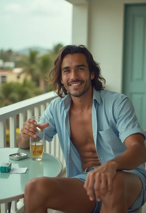 Full indoor shot of a clean shaven Latino man sitting at a table outdoors on a balcony in Puerto Rico.. 
The man is seated with his bare legs stretched out, one leg slightly ahead of the other, resting on a table. He has long dark hair, a light blue and wh...