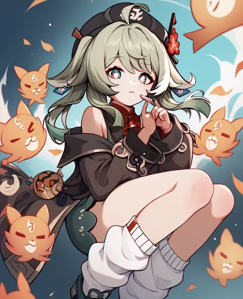 hat, animal ear, green hair, green eyes, blue eyes, hair ornaments, hat ornament, paw-shaped pupils, socks, ahoge, loose socks, shoes, off shoulder, long sleeves, hutao, long hair, bangs, brown hair, red eyes, hair between eyes, twintails, sidelocks, symbo...