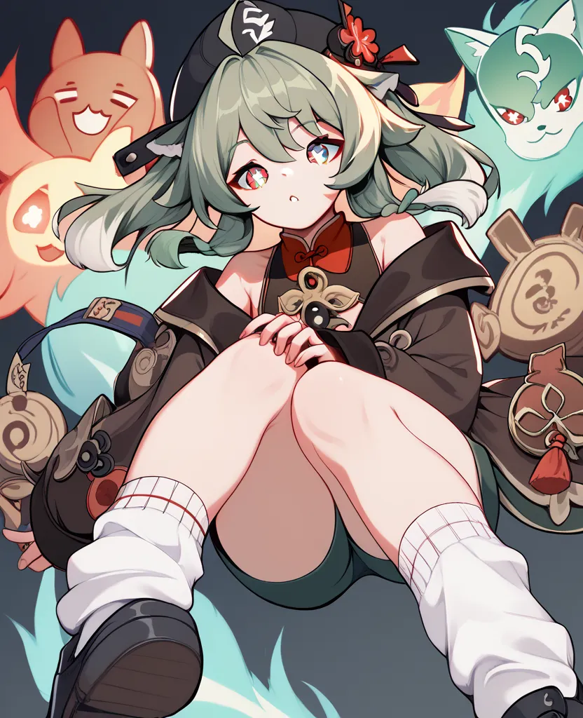 hat, animal ear, green hair, green eyes, blue eyes, hair ornaments, hat ornament, paw-shaped pupils, socks, ahoge, loose socks, shoes, off shoulder, long sleeves, hutao, long hair, bangs, brown hair, red eyes, hair between eyes, twintails, sidelocks, symbo...