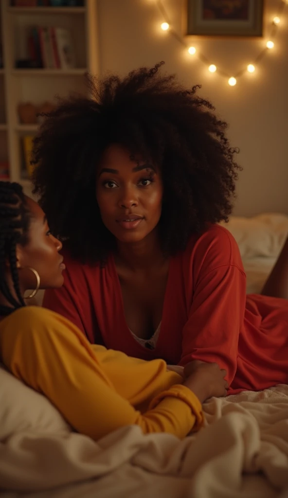 An African American woman with loose, voluminous curls, dressed in a light red loose outfit lays on the bed, speaking to her her friend.  Her friend, a light-skinned African American woman with braids, in a yellow loose outfit, listens with a puzzled look....