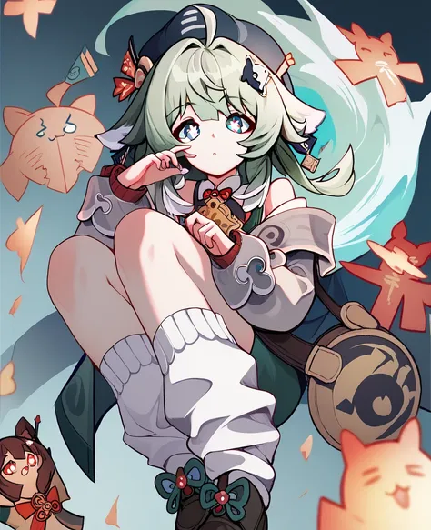 hat, animal ear, green hair, green eyes, blue eyes, hair ornaments, hat ornament, paw-shaped pupils, socks, ahoge, loose socks, shoes, off shoulder, long sleeves, hutao, long hair, bangs, brown hair, red eyes, hair between eyes, twintails, sidelocks, symbo...