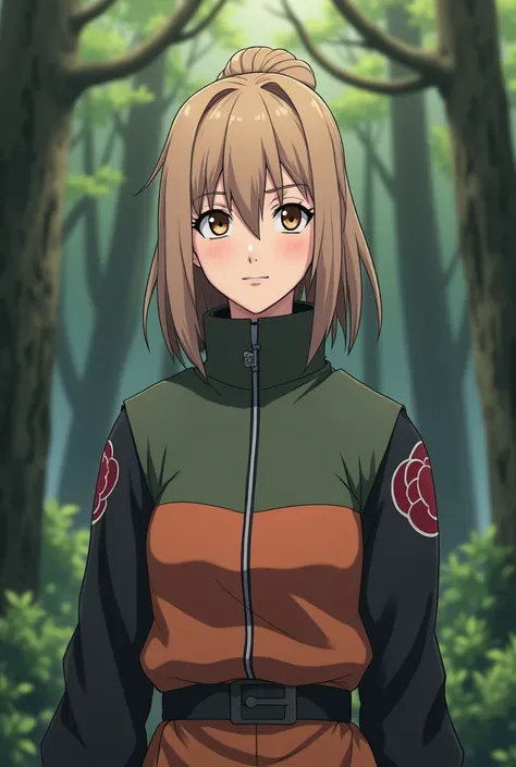 Make a Naruto character (anime) She's in the woods fighting against Kakashi.  she has light brown hair, Hazel eyes and wears her hair tied in a rabicó, straight hair. Both use brute force only, But they cross their eyes during the fight and smile because t...