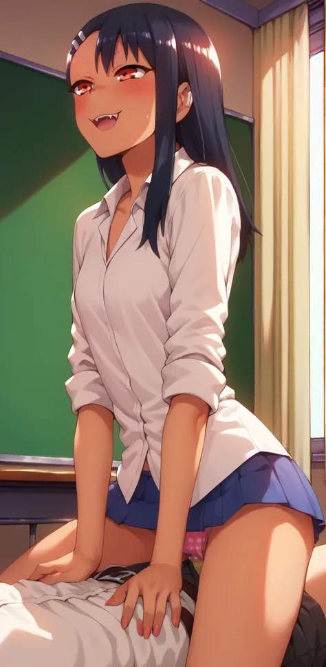 Nagatoro San      :         dressed in school uniform,    sitting at the table   ,  Wearing white and fluffy panties ,
1 boy, sex,  cowgirl position,   on top, riding.