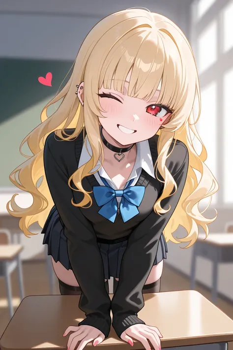 masterpiece,best quality , 1 girl , looking at viewer  , blonde hair , blunt bang , red eyes , small breasts  , white collared shirt , long sleeves , black pleated skirt , blue bowtie , piercing ears  , black choker , wavy hair , black thighhighs , smile ,...