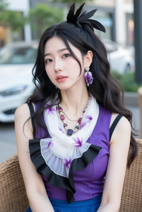 (    detailed body    ,     Detailed Face    ,     best quality    : 1.2),        Beautiful Japanese female model close-up     ,     looking at the audience  ,  High Ponytail， Bird feather earrings    , Amethyst necklace,        purple black round neck ruf...