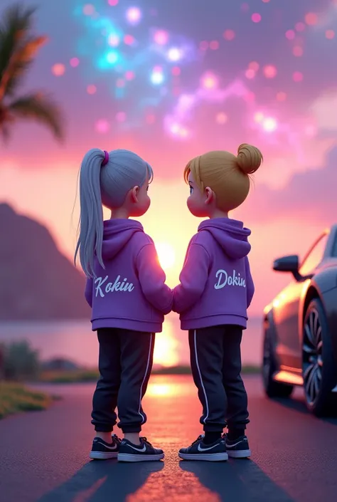 3D rendered artwork featuring two cute small female characters. The characters are on a coastal road with a shining sea in the background, and a black Mercedes-Benz parked nearby. The characters are facing away from the viewer, so their faces are not visib...