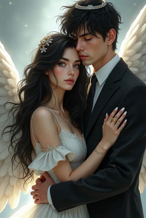   Creates the realistic image of a young woman with long wavy black hair, blue-eyed and white-skinned with a cross tattoo on her neck,  wearing an angelic dress with wings on her back and rays of light coming out behind her and a silver crown around her he...