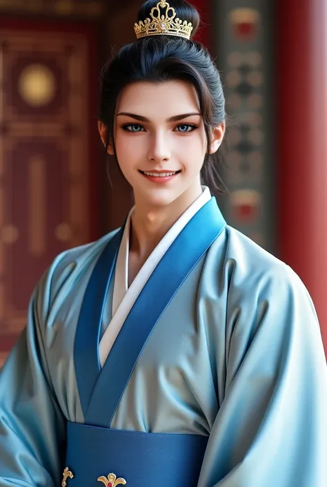 1 handsome Chinese guy. Hair half piped back. Wearing a crown of hair on his head. silver eye . handsome face .  A Royal Prince. Wearing luxurious silk hanfu with a blue-white color blend. Reveals a little cleavage. The prince's oversize clothes. Dashing b...