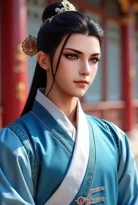 1 handsome Chinese guy. Hair half piped back. Wearing a crown of hair on his head. silver eye . handsome face .  A Royal Prince. Wearing luxurious silk hanfu with a blue-white color blend. Reveals a little cleavage. The prince's oversize clothes. Dashing b...