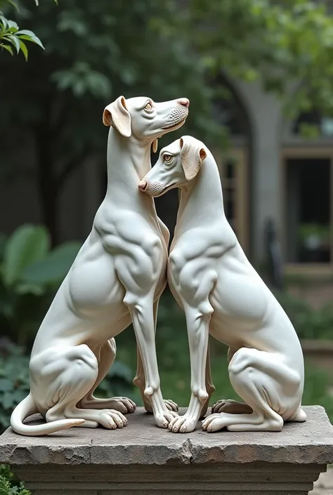 Aging Cracked Marble Dog Style Nude Sculptures With Petting Scene 