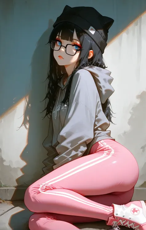 (xilmo, konya karasue:0.9) (dino \(dinoartforame\):0.9].1girl,black hair, long hair, hair bangs, blue eyes, full lips, makeup, fit body, big squared eyeglasses, black framed eyeglasses, small ass, small breast, realistic breast, gray hoodie, pink converse ...