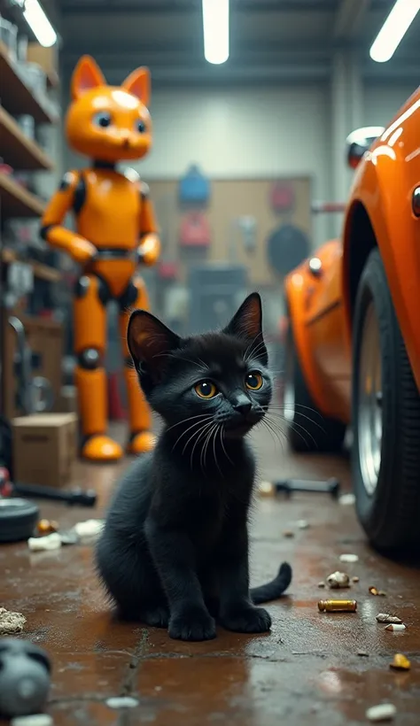  A small black kitten with bright eyes , sitting inside an auto repair shop ,  watching the race cars being repaired .  There are tools scattered and an orange mechanical cat in the background.