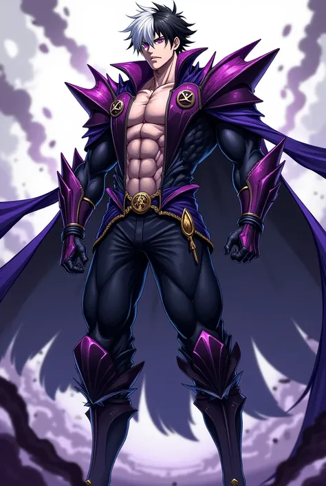 A handsome anime man with black and white hair with purple eyes and muscles while wearing powerful clothes full body pic 