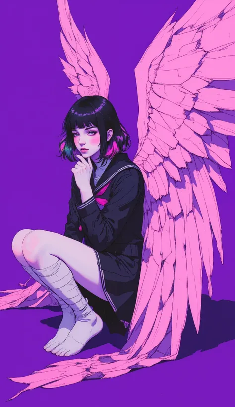 Black Hair,short hair,black eye,Angel&#39;s wing,Black clothes,Gender unknown,Expressionless,The lines are a little rough, best quality, masterpiece, 748cmstyle, A high school girl in a Japanese sailor uniform sitting like "The Thinker," facing left. (She ...