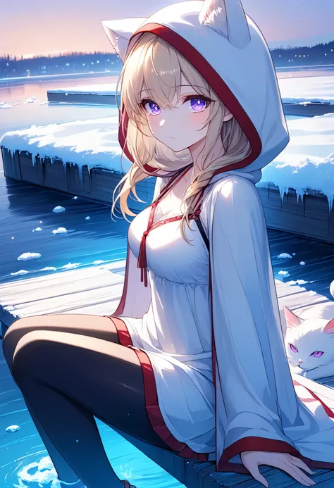 High Resolution, High Quality, High Detail, frozen dock, night, 1girl, blonde hair, violet eyes, medium breasts, white cat hood, white cloak, white camisole with red trim, grey skirt, black leggings, sandals, looking at viewer, arms behind back, reaching f...