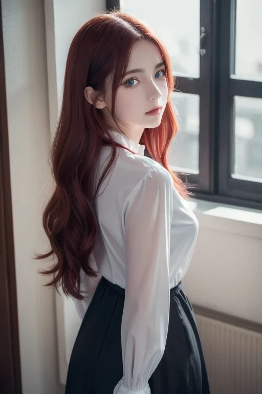  girl with long red hair,  heterochromic eye ,  blue-white skin,  flat chest,  is wearing a black dress and a crisp pink blouse,  A  girl of,   something that matches a mysterious and strong personality. whole,  her look will catch the eye ,  attract curio...