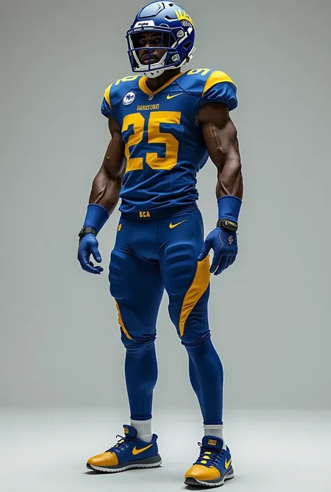 Make a prototype of a , In blue and gold in a harmonious way that says it represents a team called Raptors de Hexide, From the waist down it is the football uniform with the shorts loose as if it were a bathing suit and from the waist up American football ...