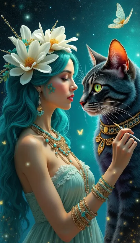 
A highly detailed digital painting, 8k resolution, in the style of Artgerm and WLOP, depicting a mystical woman with long, flowing teal hair adorned with intricate turquoise and gold jewelry, including beaded necklaces and ornate bracelets.  She wears a h...