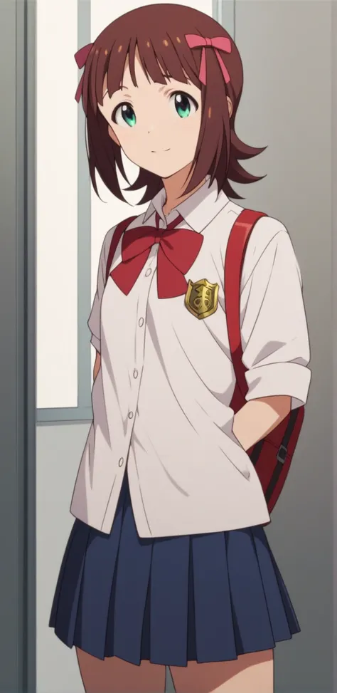 Haruka Amami:  dressed in a Japanese schoolgirl uniform, very short skirt .