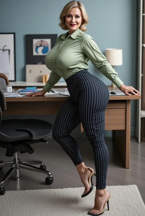  Very real image,  HD quality. sensual executive,  curvilinear,  voluptuous, Mature 55 years old , hourglass figure,  huge butt, big busts,  wasp waist,  wide hips, Thick thick legs. viste Victoria High Waisted Dress Pant Pinstripe - Black/white, Office Du...