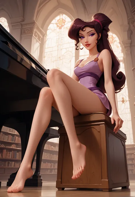 score_9, score_8_up, score_7_up, score_6_up, full body view low angle portrait, BREAK Megara,1girl, solo, brown hair, purple headband, ponytail, thin face, naughty face, small-medium beautiful feet, Disney 3D render, sitting on library, wearing mini-dress,...