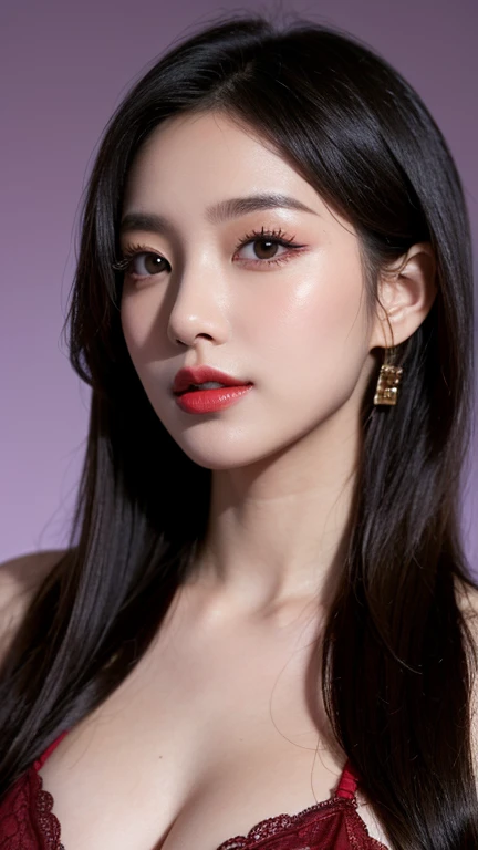 ( surreal ,32K, RAW photo:1.1),( highly detailed skin :1.1),  8k uhd, dslr,  high quality,  film grain, (makeup, Mascara:1.1), Very sharp color correction, Korean beauty in her 20s, Long hair , red lips,Jacket and purple lingerie, Jewelry,  huge perky boob...