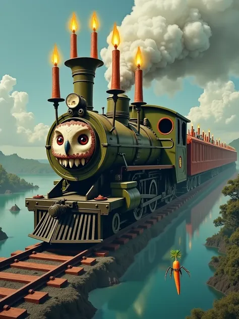 A train carrying 6 candles Above the water with a skull face and arms fused with an owl and a carrot with eyes a crab with eyes and mouth and hands driving the train 