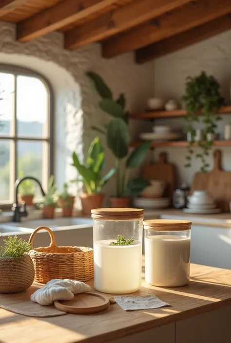 Create a picture of a boho chic style kitchen with airtight poles with bamboo lid 