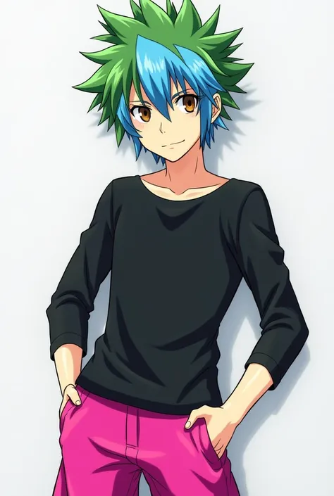 Anime guy green and blue hair and brown eyes and black long sleeve shirt and pink short from Hunterxhunter