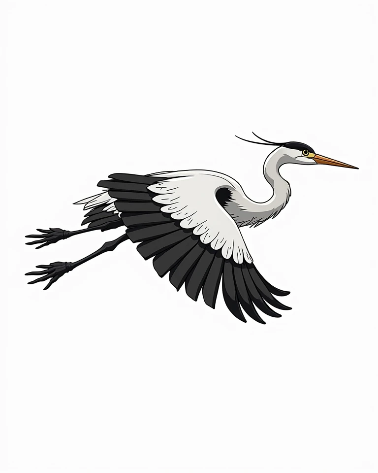 Black and white anime-style image of a flying heron with two wings spread 