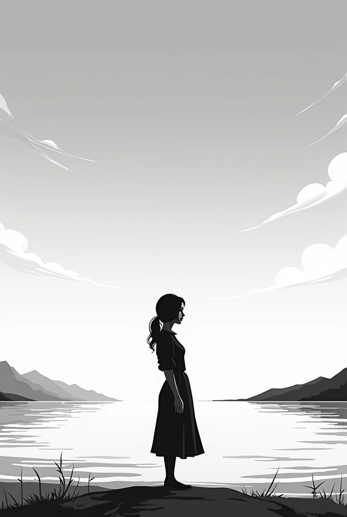 Black and white cartoon image of a woman alone in front of the sea