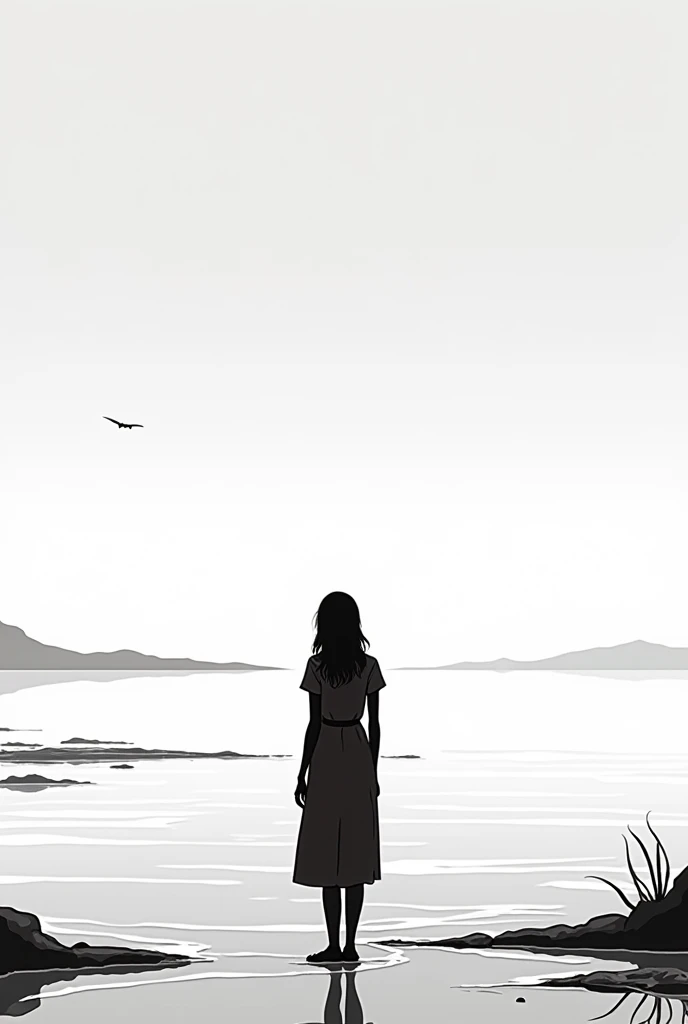 Black and white cartoon image of a woman alone in front of the sea