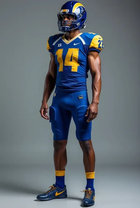 Make a prototype of a , In blue and gold in a harmonious way that says it represents a team called Raptors de Hexide,  who from the waist down is the football uniform with the shorts very loose as if it were a bathing suit and from the waist up American fo...