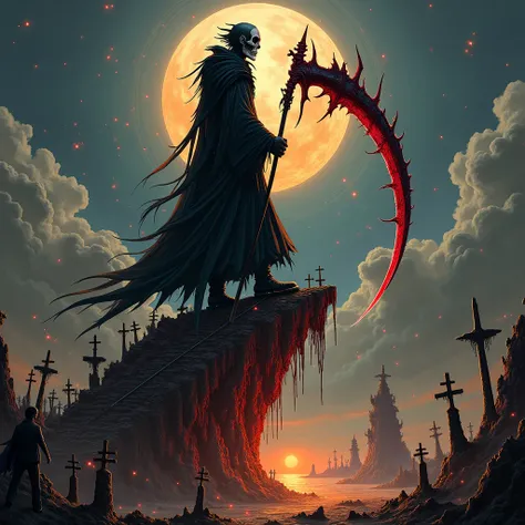  Top Quality,  Masterpiece, Shinigami, which has a large scythe that emits red magic, 、A huge, distorted bridge made by piling up a human-sized grim reaper 、 dark、An elaborate construction、Shinigami with a skull mask  、( Old Black Robe Covering the Body )、...