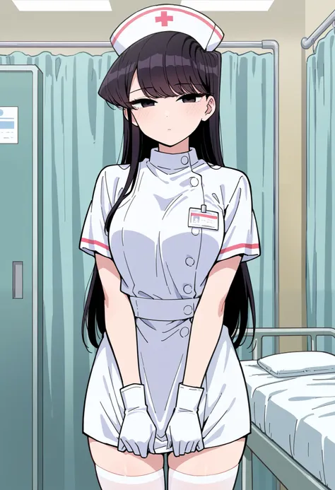 Score_9, score_8_up, score_7_up, source_anime, shouko komi, solo, long hair, bangs, black hair, black eyes, half-closed eyes, (best quality), (high quality), {masterpiece}, extremely delicate and beautiful, ultra-detailed, beautiful detailed eyes, nurse, n...