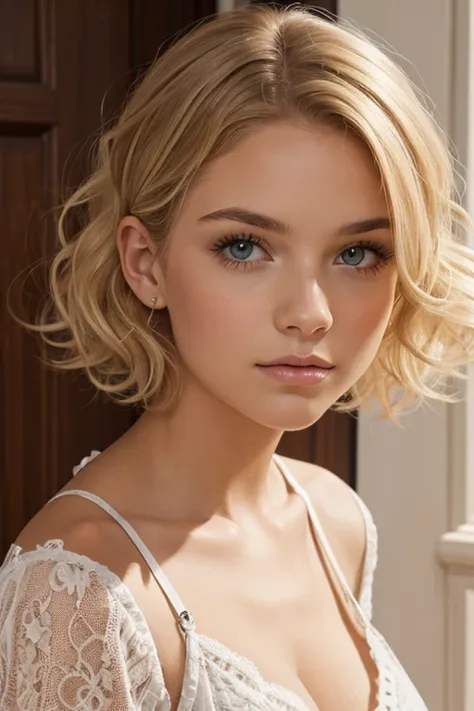 fille de face, curly short blond hair