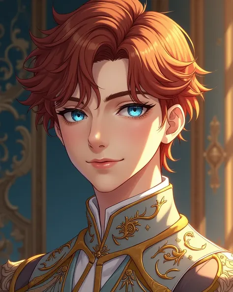 Create the following image, with aesthetic and stylish anime traits.
A human prince, with royal clothes, brown red hair ,  blue eyes, 