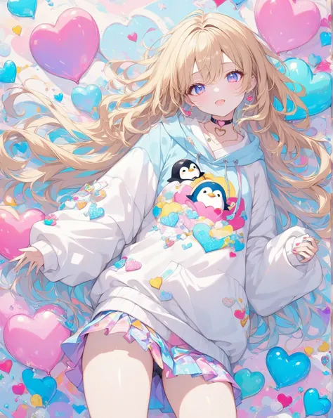  1girl,Beauty Spot,  heart-shaped choker , ( masterpiece,  Highest quality ),  official picture ,  beautiful and aesthetic : 1.2), ( 1 girl),  is very detailed, ( geometric art: 1.3),  Colorful 、blond long wavy hair、 Penguin sweatshirt 、Mini-skirt