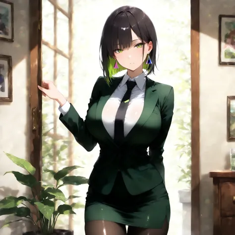 masterpiece, (((( best quality )))),1 girl, Japanese Anime ,character profilele,shiny skin, wearing a black suit,skirt suit, black tie , dark hair, short bob hair,The inner color of the hair is green, green eyes,isosceles triangle earrings, black tights,la...