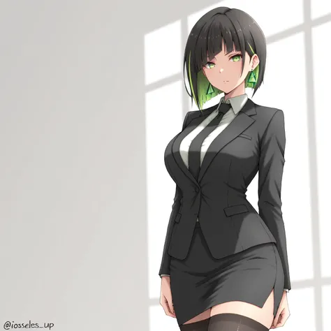 masterpiece, (((( best quality )))),1 girl, Japanese Anime ,,shiny skin, wearing a black suit,skirt suit, black tie , dark hair, short bob hair,The inner color of the hair is green, green eyes,isosceles triangle earrings, black stockings,large breasts