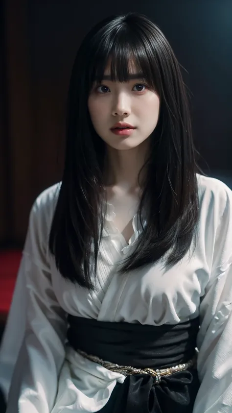 solo,  high resolution,  Masterpiece, accurate,  top quality,  super high heels,  textured skin, woman、4K、The background is a dark Japanese-style room 、 short、 big breasts、ghost、 white kimono、((( with long bangs and eyes hidden))), Pale look、 Dark Atmosphe...