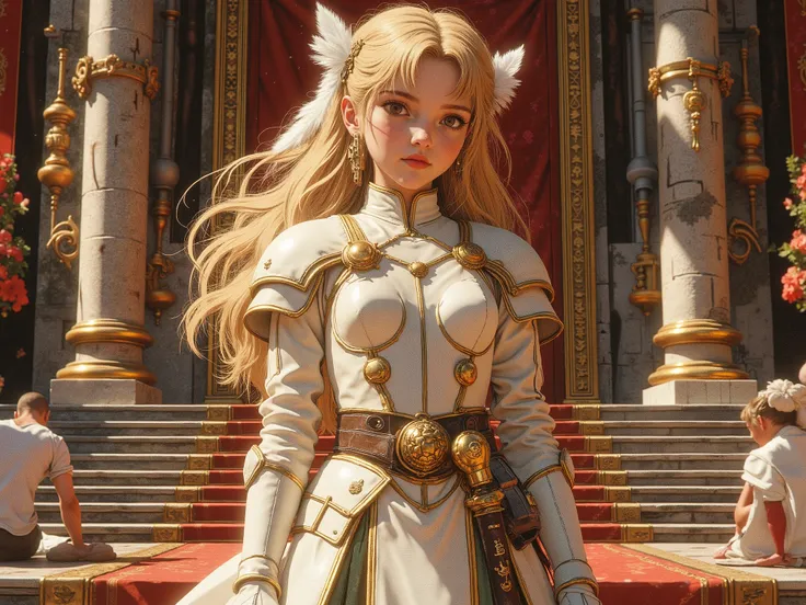 A girl about fourteen years old, ,  with small tits,  with blond long hair and brown eyes,  with two white feathers in his hair behind his ears and a hair clip in the form of a golden lotus flower, in a delicate white dress with elements of armor and a swo...