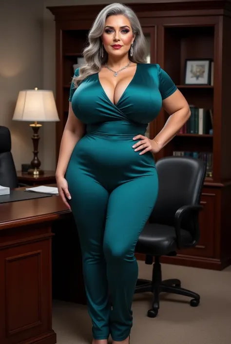 Sexy executive ,   curvilinear,  voluptuous(((Hot mature,sexy and exuberant between 60 years old))),    hourglass figure ,    ass,   big buttocks  , big busts,  slim waist lingerie, viste Set The Scene Satin Jumpsuit - Teal,  wearing shiny black heels ,   ...