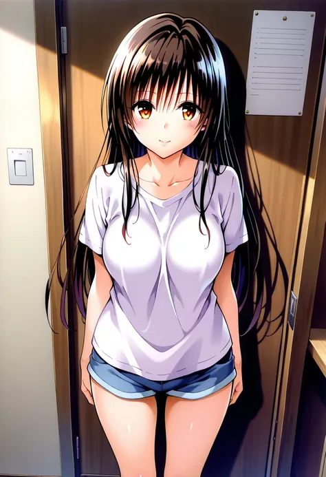 masterpiece,best quality,official art,wall paper,absurdres, beautiful detailed face,detailed texture,detailed skin,BREAK 1girl,to love-ru,source_to love-ru,yui kotegawa,black long hair,brown eyes,shirt,shorts,room
