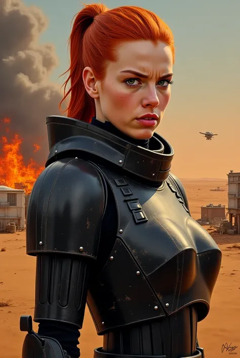 Oil painting of redhead ponytail haired angry Sophie Turner wearing a black sober star wars stormtrooper armor in a burning space village in the desert