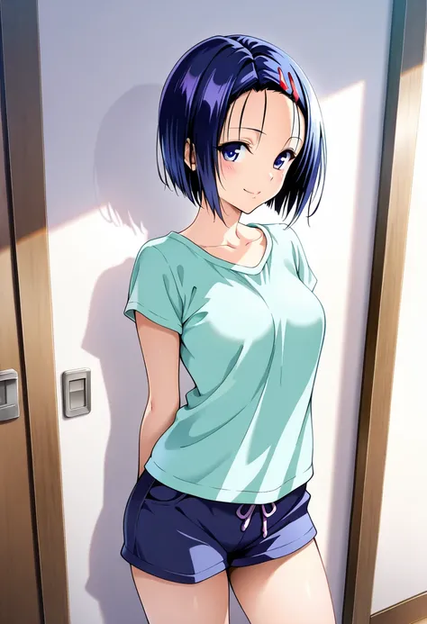 masterpiece,best quality,official art,wall paper,absurdres, beautiful detailed face,detailed texture,detailed skin,BREAK 1girl,to love-ru,source_to love-ru,haruna sairenji,blue short hair,forehead,hair pin,blue eyes,shirt,shorts,room
