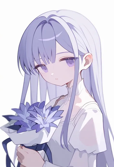 Soft lines、girl、light purple、((((hold light purple Bouquet))))、💐💐💐💐💐💐💐💐💐💐💐、Upper Body、Long Hair、White dress、White background、front、Look at me
,score_9,score_8_up,score_7_up,Expressiveh,rating_safe,(masterpiece, best quality)