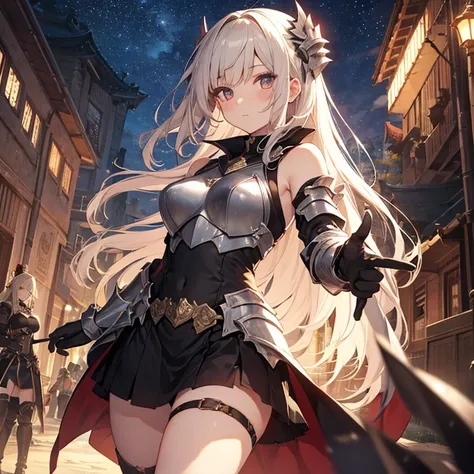 A group of  female knights, (in temple), various hair styles, harem, wearing armored clothes, metal armor, night, details face, short skirt, seducing, sword, sleeveless 