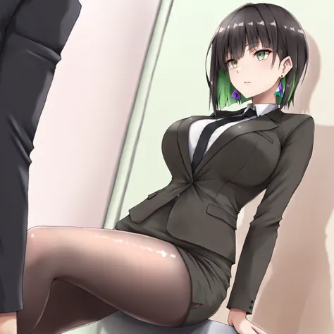 masterpiece, (((( best quality )))),1 girl, Japanese Anime ,,shiny skin, wearing a black suit,skirt suit, black tie , dark hair, short bob hair,The inner color of the hair is green, green eyes,isosceles triangle earrings, black stockings,large breasts